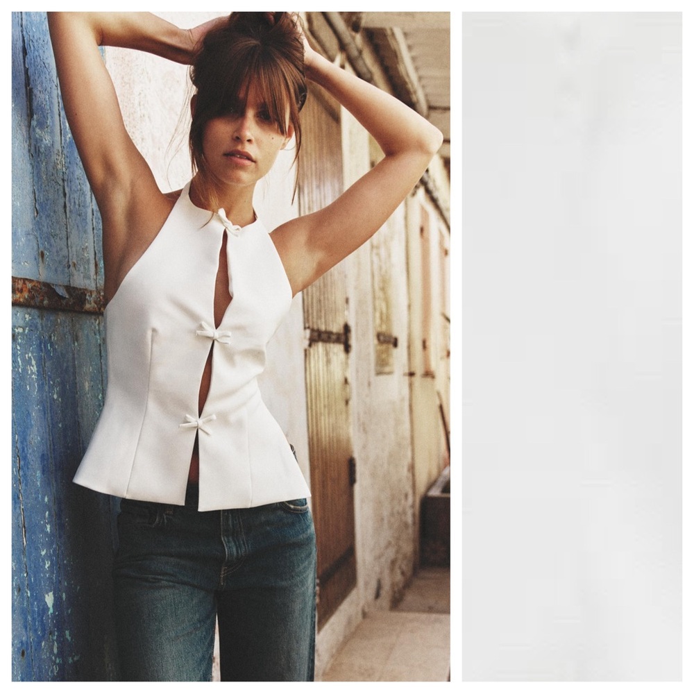 NWT. Zara White Fitted Halter Top featuring Bows. Size S. - Picture 2 of 10
